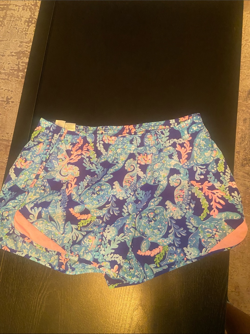 Lilly Pulitzer Blue Seahorse Print Athletic Shorts with Pink Accents